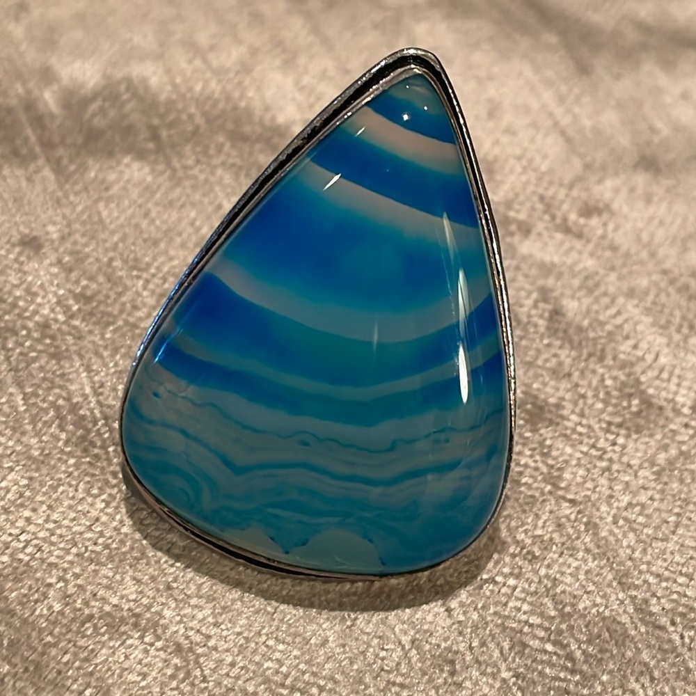 Ocean Blue Lace Botswana Agate Statement Tear Drop Ring 6.5